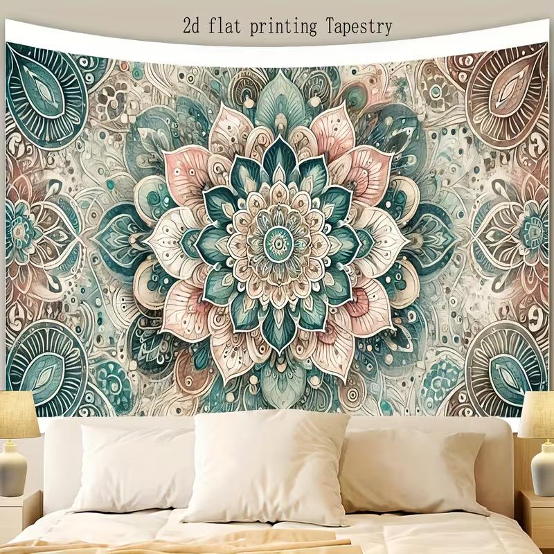 2D Watercolor Mandala Tapestry, Bohemian Teal Pink Flower Background Cloth