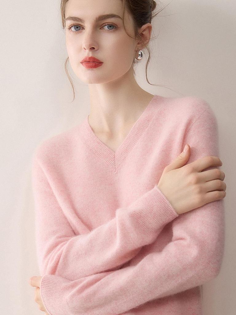 Minimalist Women's Pure Cashmere V-Neck Loose Knit Sweater - Early Autumn Pullover Top