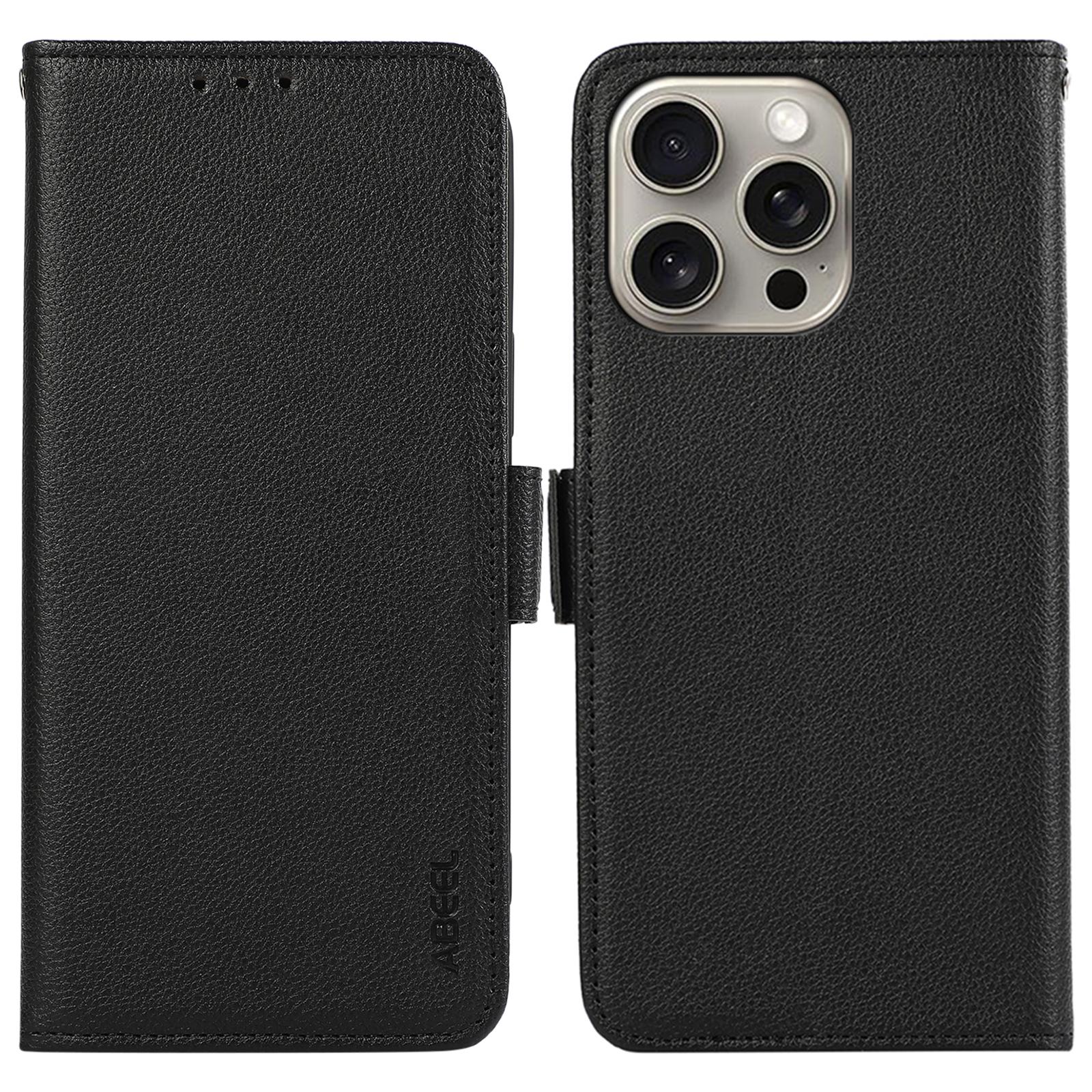 

ABEEL For iPhone 14 Pro Max Case PU Leather Litchi Texture RFID Blocking Card Holder Phone Cover Black