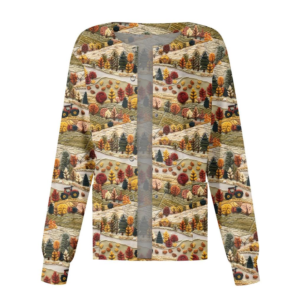 Women Long Sleeve Pattern Pocket Working Stand-up Collar Single-breasted Protective Overalls Cardigan Jacket Top