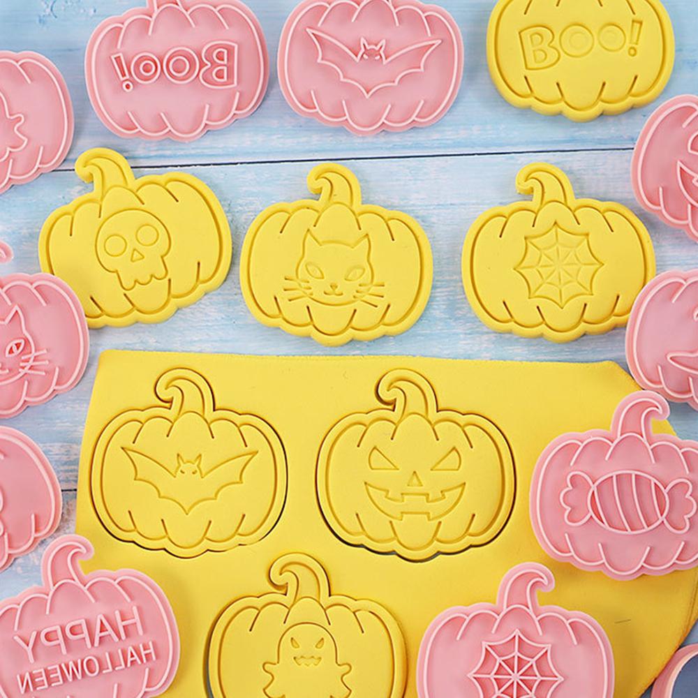 10/8Pcs Cookies Cutters Set Cartoon Pumpkin Witch Owl Castle Vampire Skull Pressable Cookies Stamp Biscuits Mold Halloween Decor
