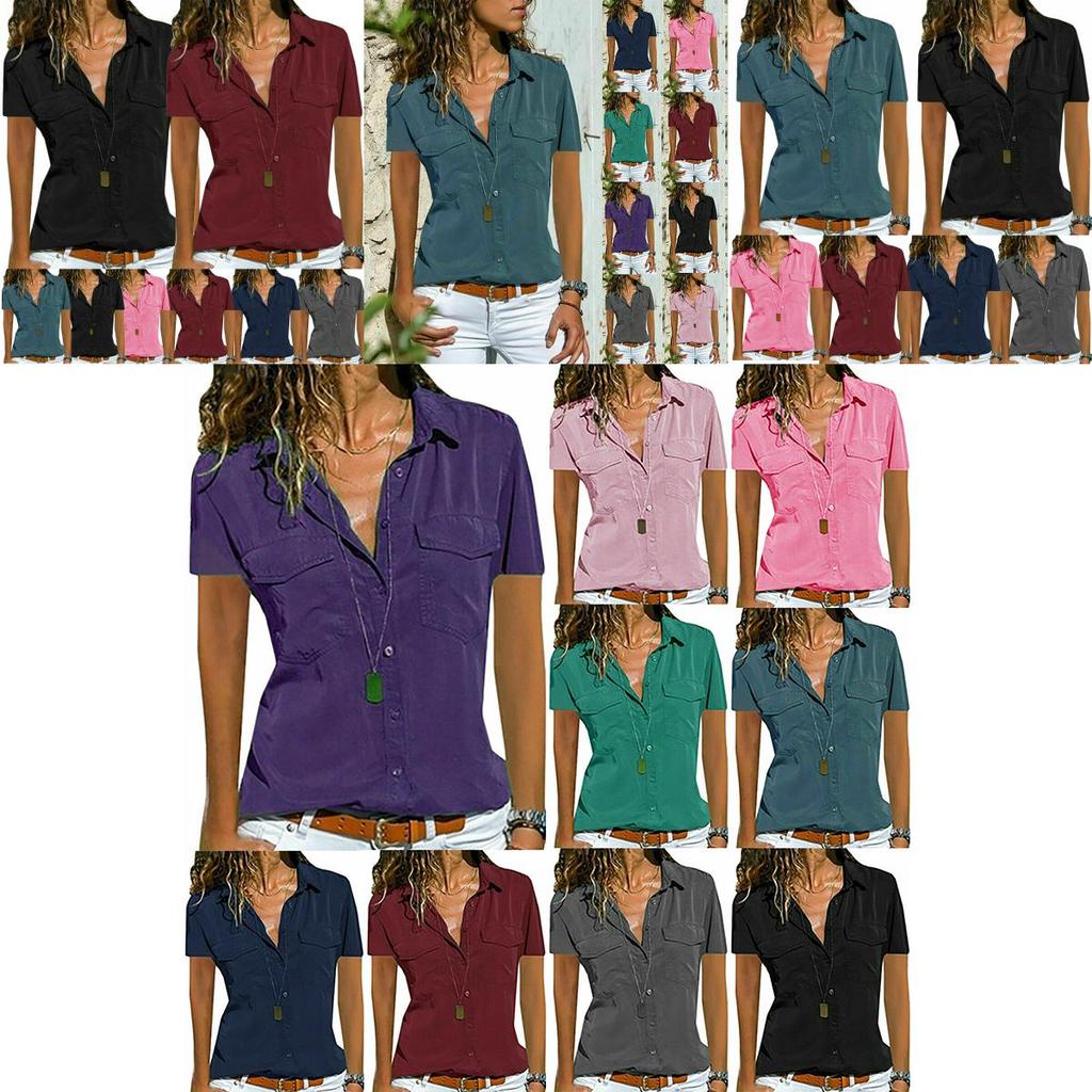 Women V Neck Short Sleeve Shirt Blouse Ladies Summer Tshirt Tops Tee Size Plus
