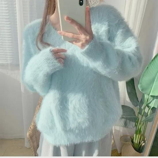 

Женский свитер из искусственного меха с V-образным вырезом - свободный пуловер из мохера на осень/зиму One Size