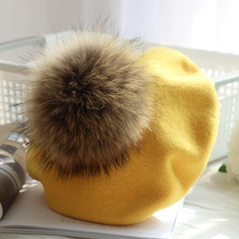 

Осінньо-зимові дитячі теплі вовняні берети для дівчат з натуральним хутром єнота, шапка з помпоном для жінок adult