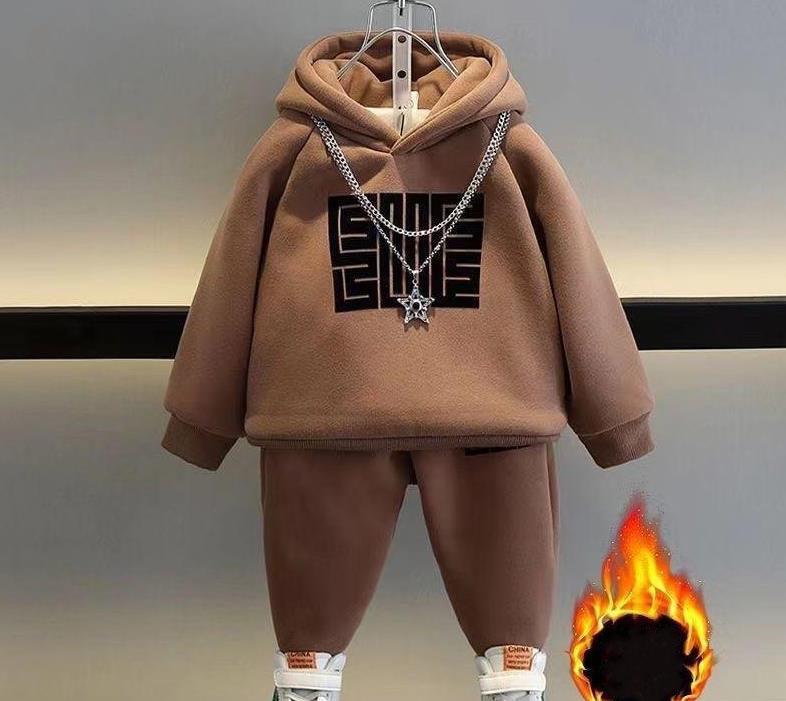 Kids Sweatshirts Sets Winter Children Plus Velvet Thick Warm Suit Boys Girls Hooded Pullover+Pants 2Pcs Cotton Tracksuit Outfits