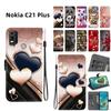 Handmade PU Leather Flip Case for Nokia C21 Plus Anti-Slip Shockproof Cover with Wrist Strap & Heart/Rose Cat Designs