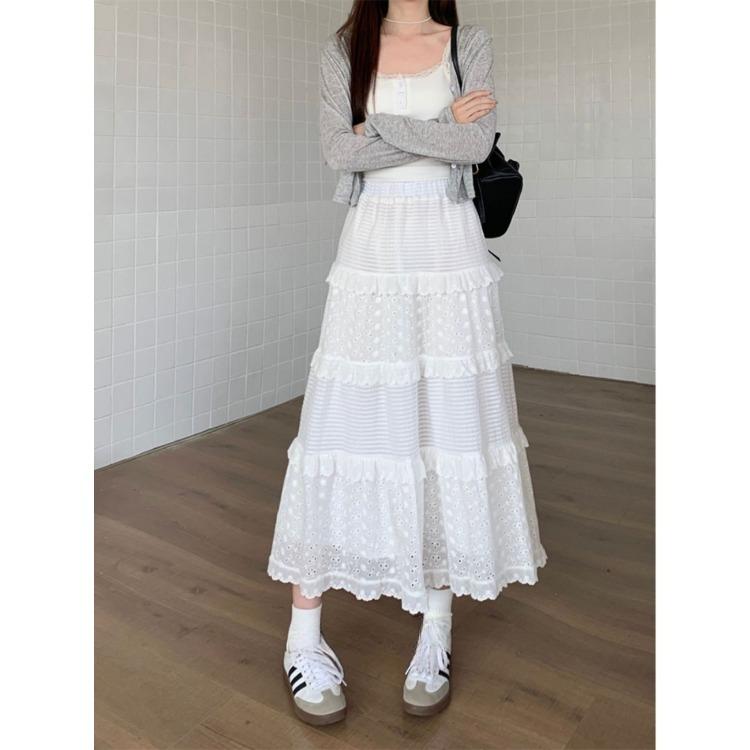 White Lace Cake Skirt, Slim Waist and Petite, Perfect for Women's Early Autumn Fashion