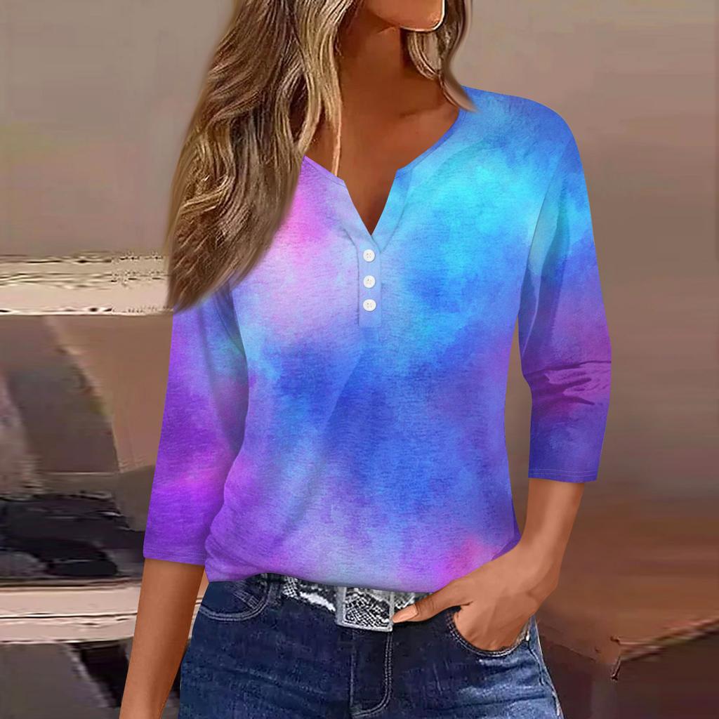 Damen T-Shirt mit Aufdruck, Knopfleiste, 3/4-Ärmel, modisch für den Alltag und das Wochenende, Basic, V-Ausschnitt, normales Oberteil