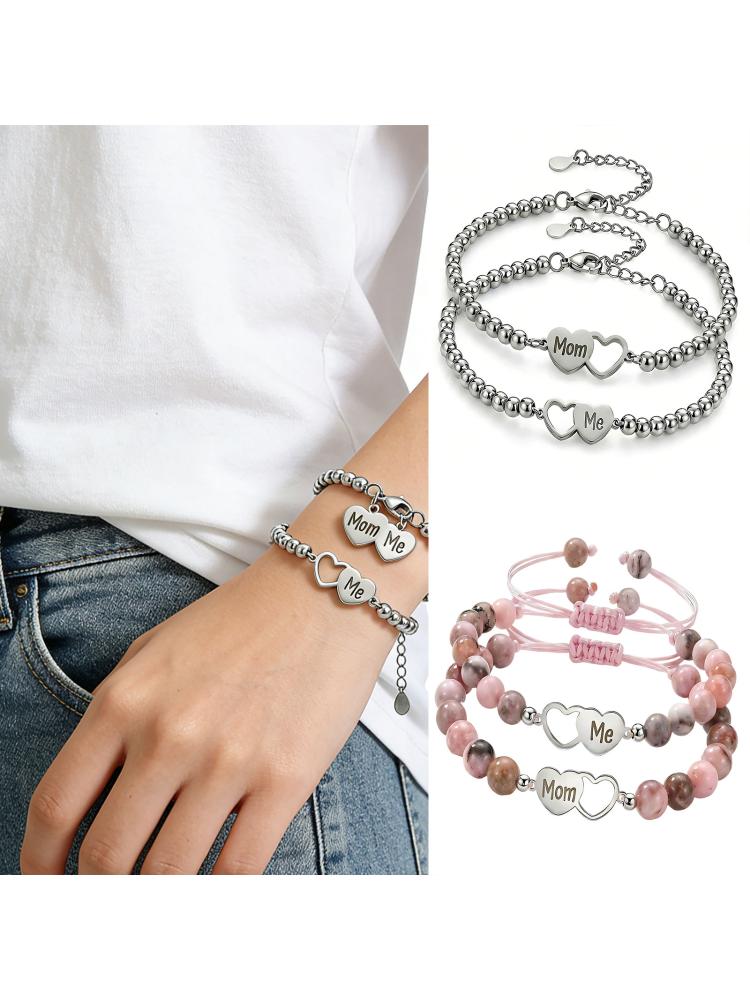 1 Set Elegant Mother And Child Beaded Bracelet Pink And Silver Optional Wristband For Family Bonding
