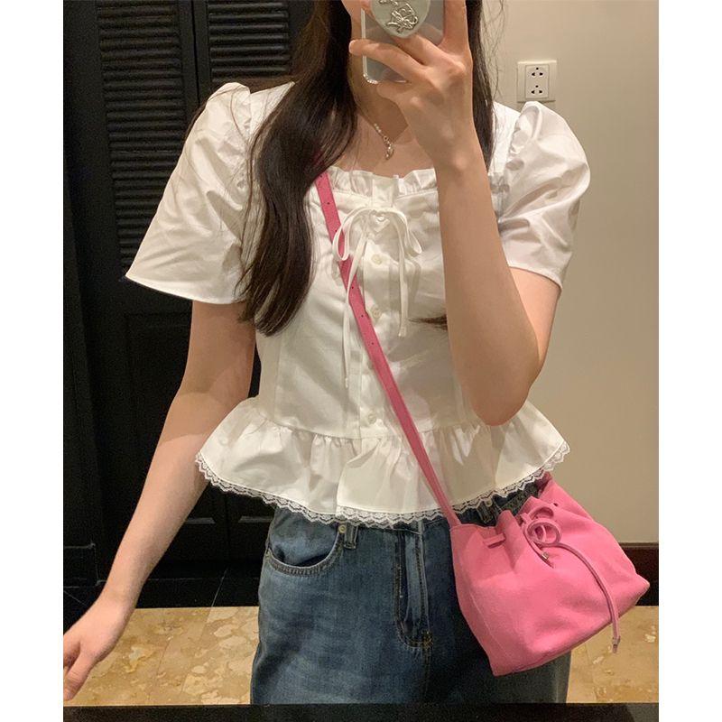 

Они Инс Нежный Квадратный Воротник На шнуровке Пышное А-силуэтное С коротким рукавом White One size