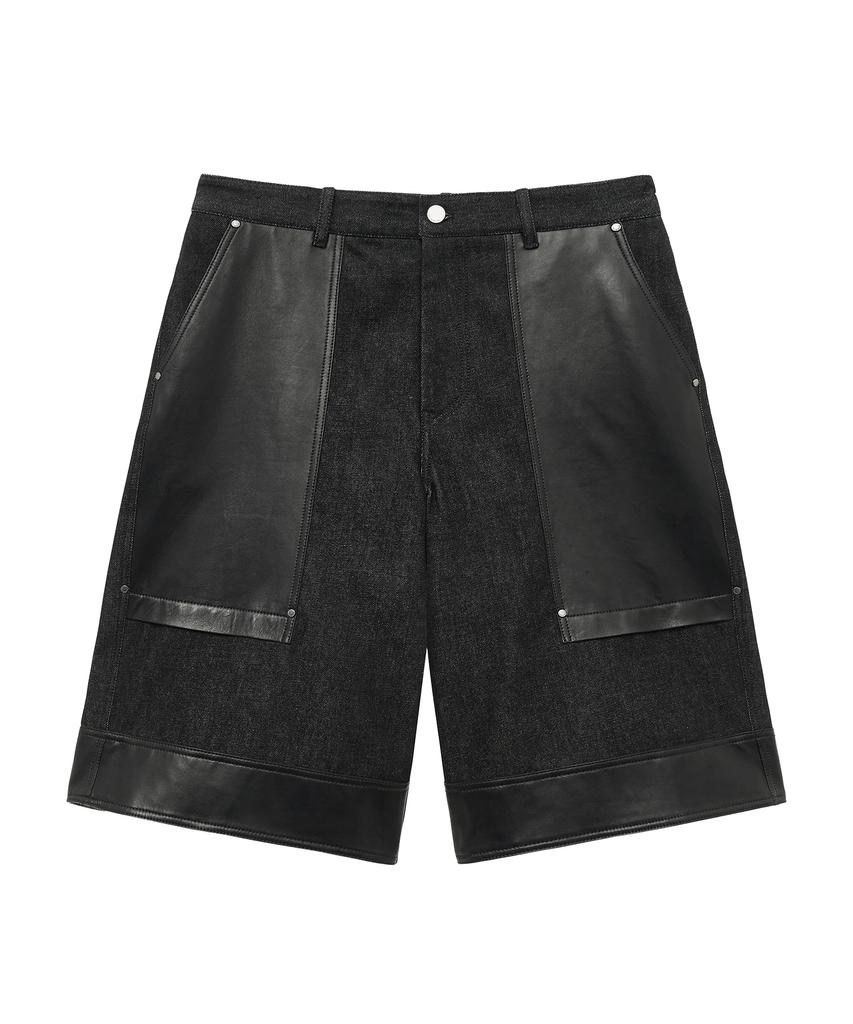 UNGIMMICK Leather Mix Denim Bermuda Shorts (Black)