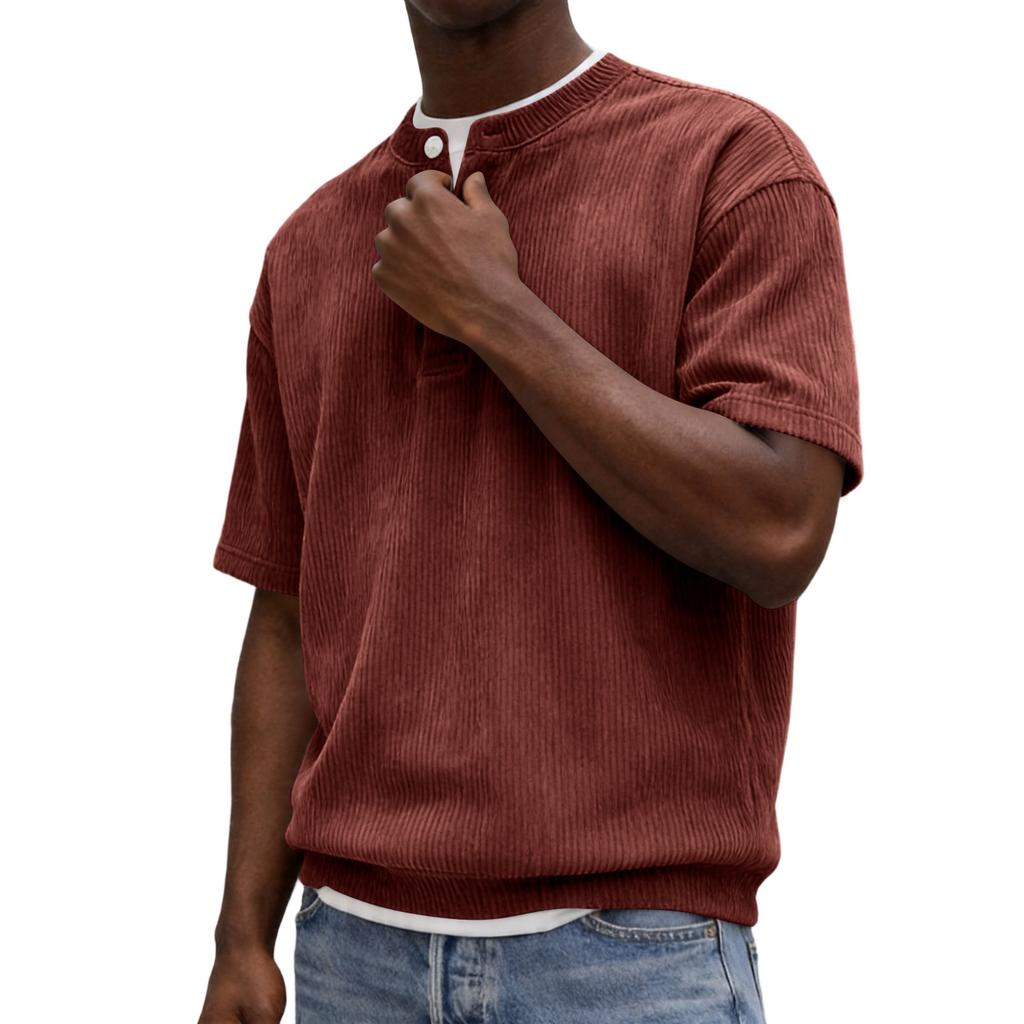 Men Henley Neck Short Sleeve Corduroy Shirt with Button Placket Relaxed Fit Casual Summer Top for Everyday Wear