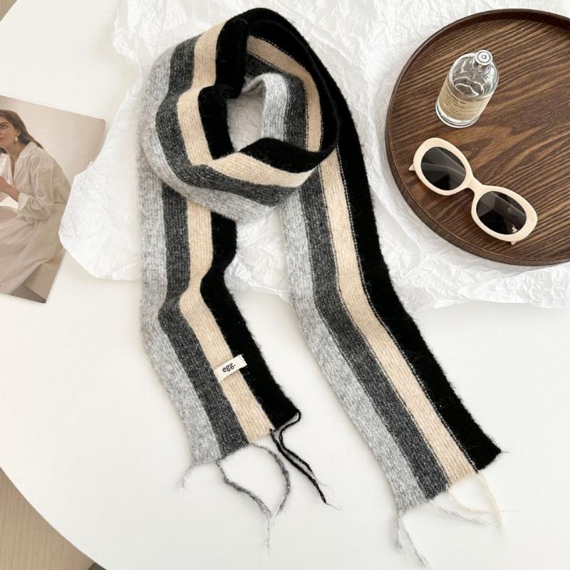 Knitted scarf winter new rainbow stripes dopamine contrasting color warm wool scarf thin and narrow fringed scarf