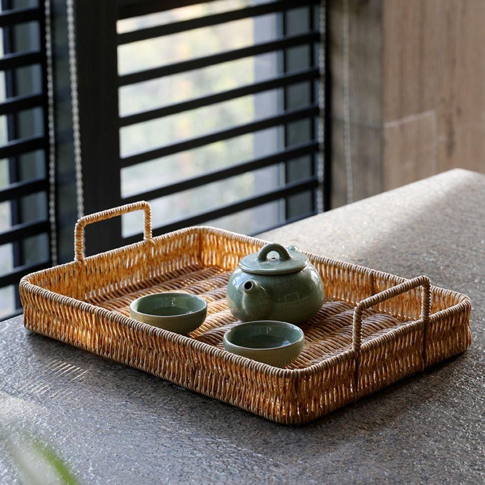 New Plastic Storage Tray with Handle Wicker Woven Woven Basket Multifunction Rectangular Serving Tray Dining Table