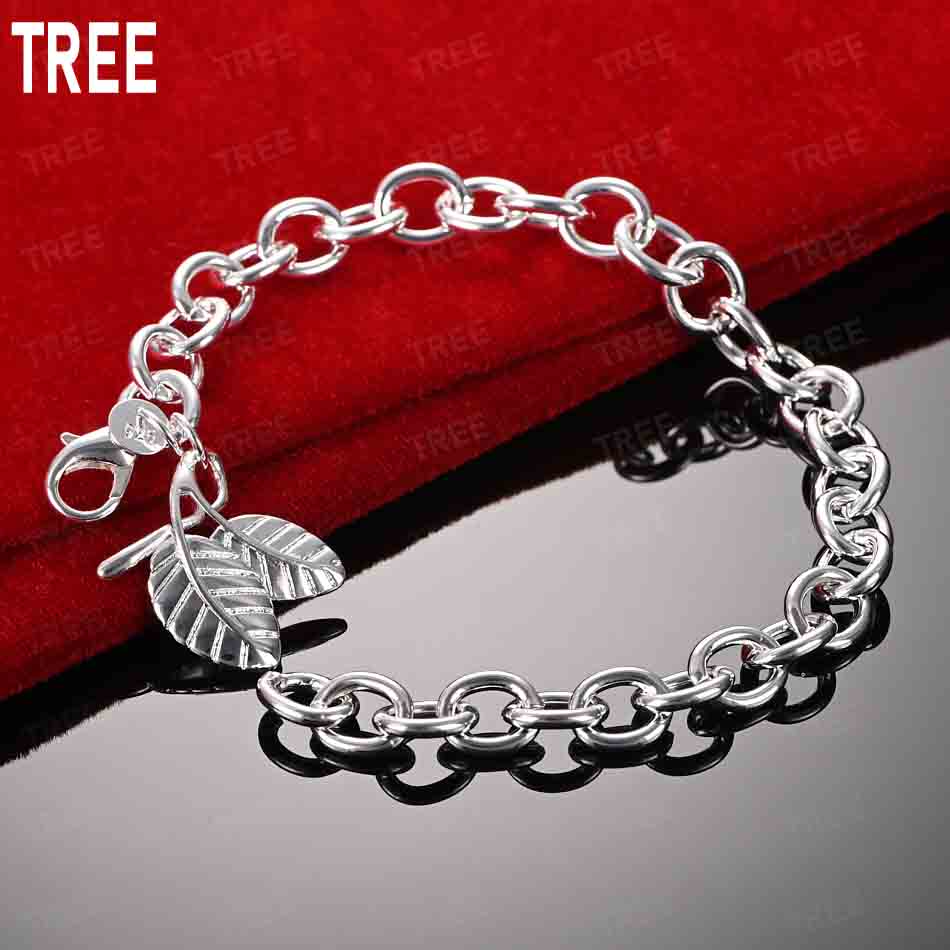 925 Sterling Silver Charming Side Chain Double Leaf Bracelet Gift Jewelry 20CM