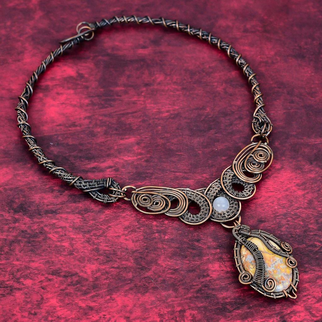 Maligano Jasper Necklace Copper Wire Wrapped Rainbow Moonstone Necklace Copper Jewelry Gemstone Necklace Gifts for Mom Handmade Wire Jewelry