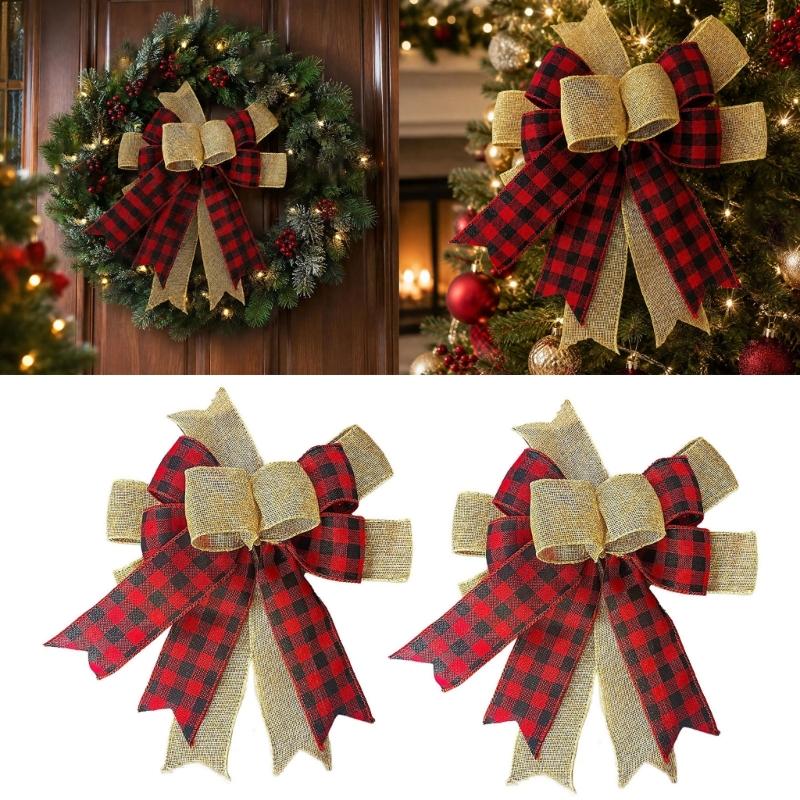 Layered Christmas Bowknot Set, 2-Pack Polyester Patterned Decorations with Concealed Back Tie for Wreaths, Gifts, and Mantels