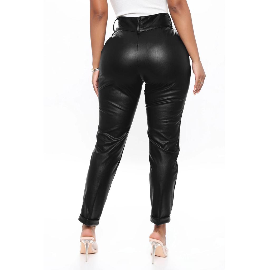 Fashion Women's Color Faux Leather Button High-waisted Tights Trousers Pencil Pants