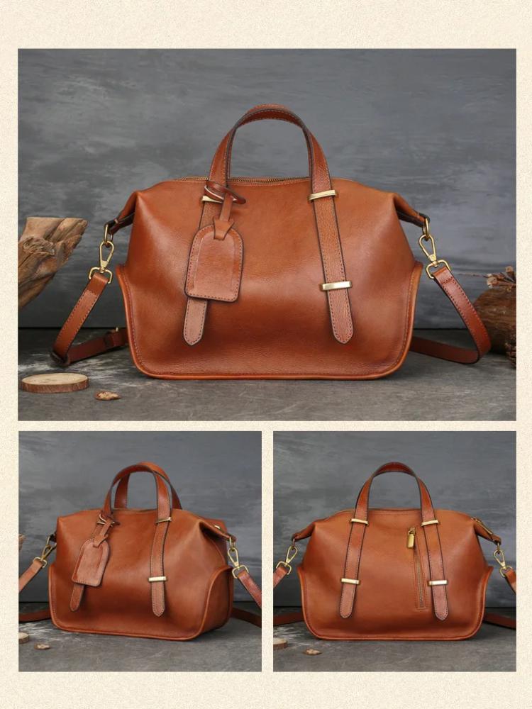 Johnature Vintage Einfarbig Echtleder Handtasche Große Kapazität Boston Damentasche Lässige Schultertaschen