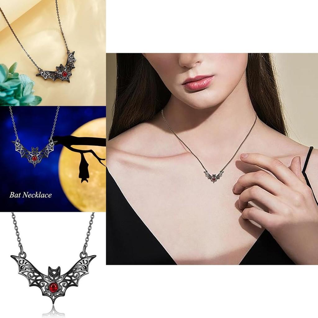 Gothic Bat Pendant Necklace With Faux Ruby Cutouts And Alloy Material For Halloween Costume Accessories