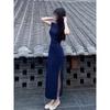 Improved cheongsam dress women's summer small temperament chic navy blue hip-wrapped long skirt