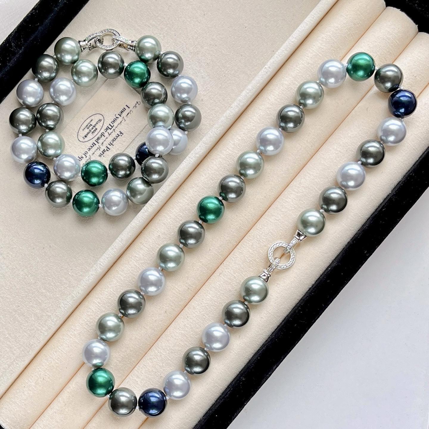 14Mm Haute Couture High Quality Vintage Contrasting Color Morandi Faux Crystal Pearl Necklace Collarbone Chain