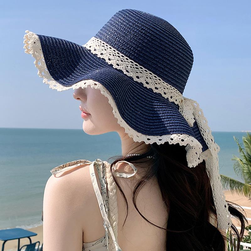 

Летняя соломенная шляпа женская новая волна кружевная шляпа от солнца пляжный отдых путешествия защита лица шляпа от солнца темно-синий