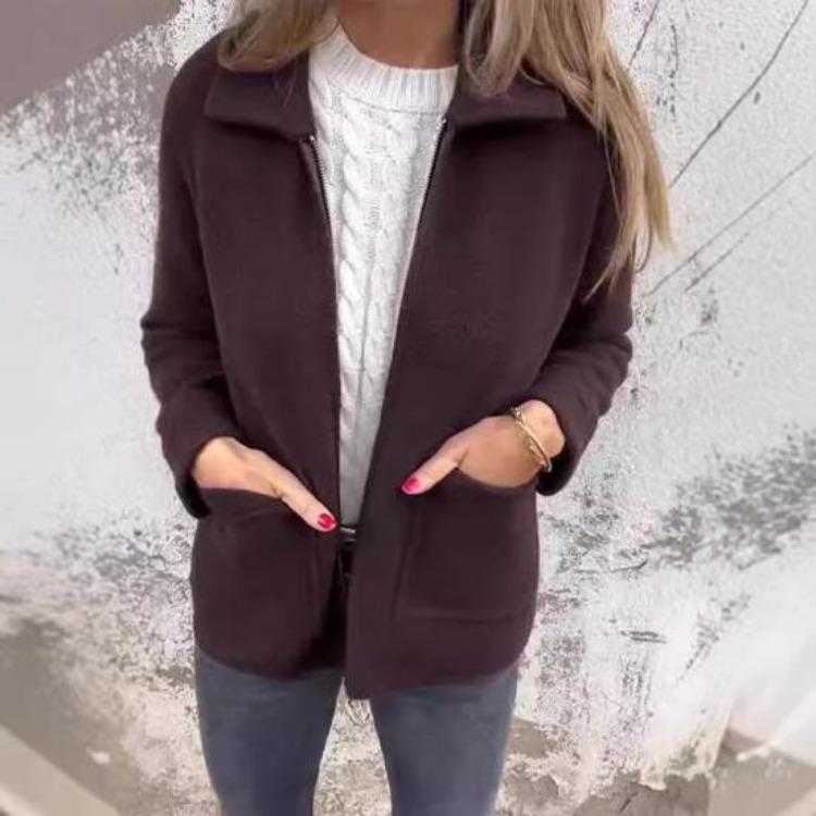 Long Sleeved Women Jacket Turn Down Collar Loose Thermal Coat Solid Color Zipper Closure Pockets Commuting Dating Office Spring Fall Winter