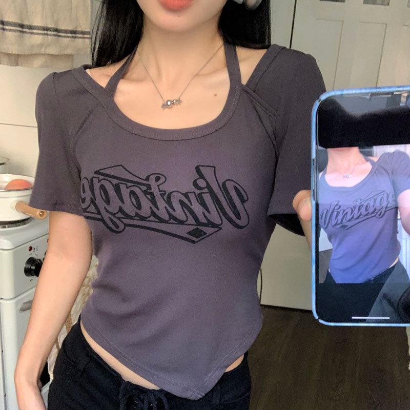 

Plus Size Halter Neck Short Sleeve T-Shirt: Women’s Slim Fit Summer Top L (95-105 jin) сірий колір