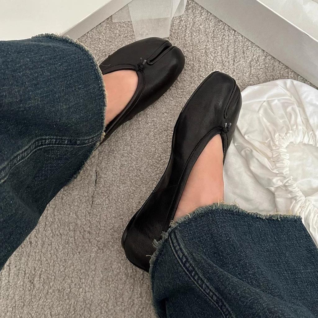 Cowhide Version~ Retro Split-toed Pleated Ballet Shoes Women's Pig's Trotters Shoes One-pedal Versatile Flat Mary Jane Single Shoes