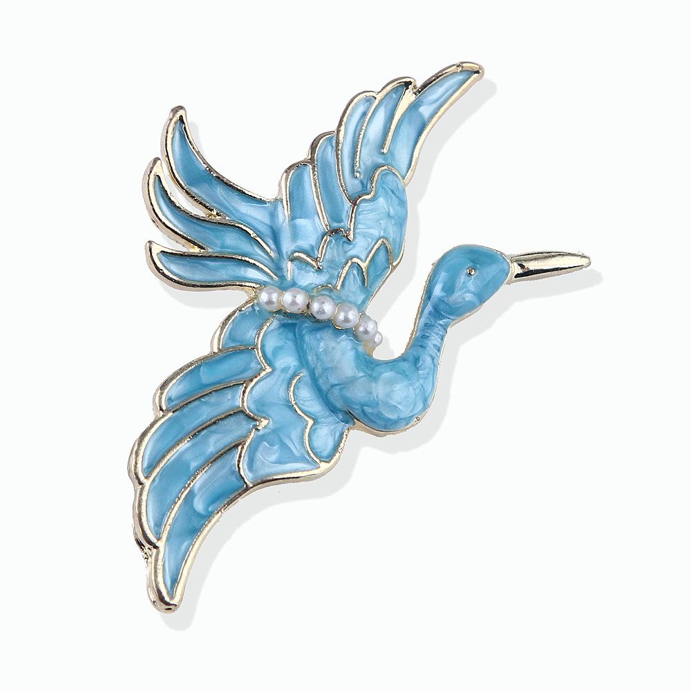 Retro Blue Crane Pearl Brooch Enamel Drop Oil Bipinnacle Bird Corsage Long-lasting Color Exquisite Women's Clothing Accessory