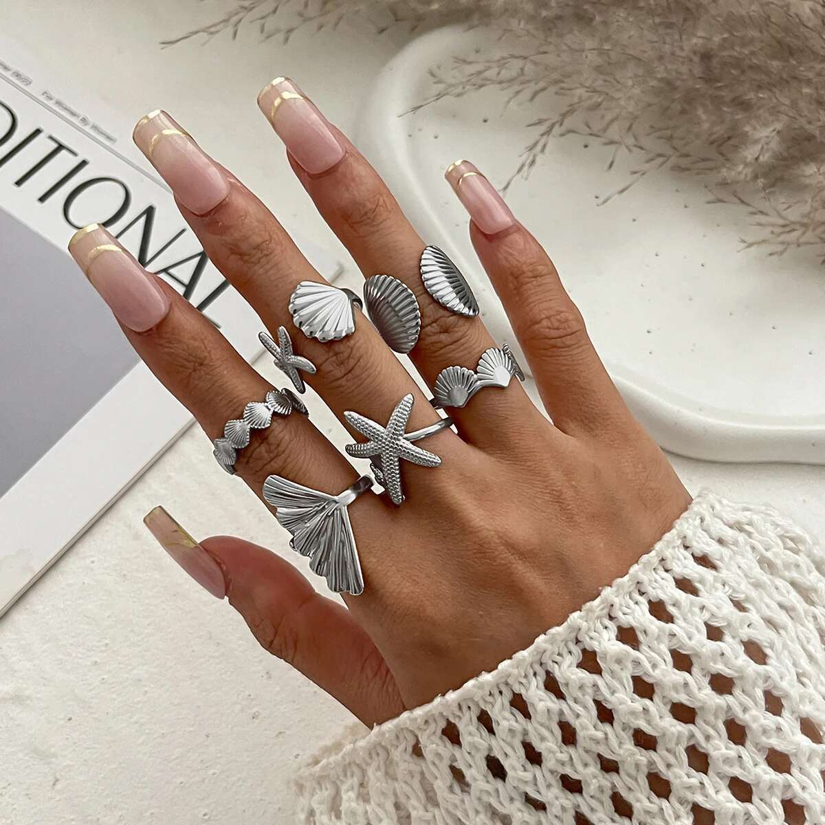 

PuRui Модные 6 шт./набор Золотистый цвет Открытые регулируемые кольца на палец Женские Морская звезда Уникальный дизайн Повседневная вечеринка Эстетика Y2K Циркон