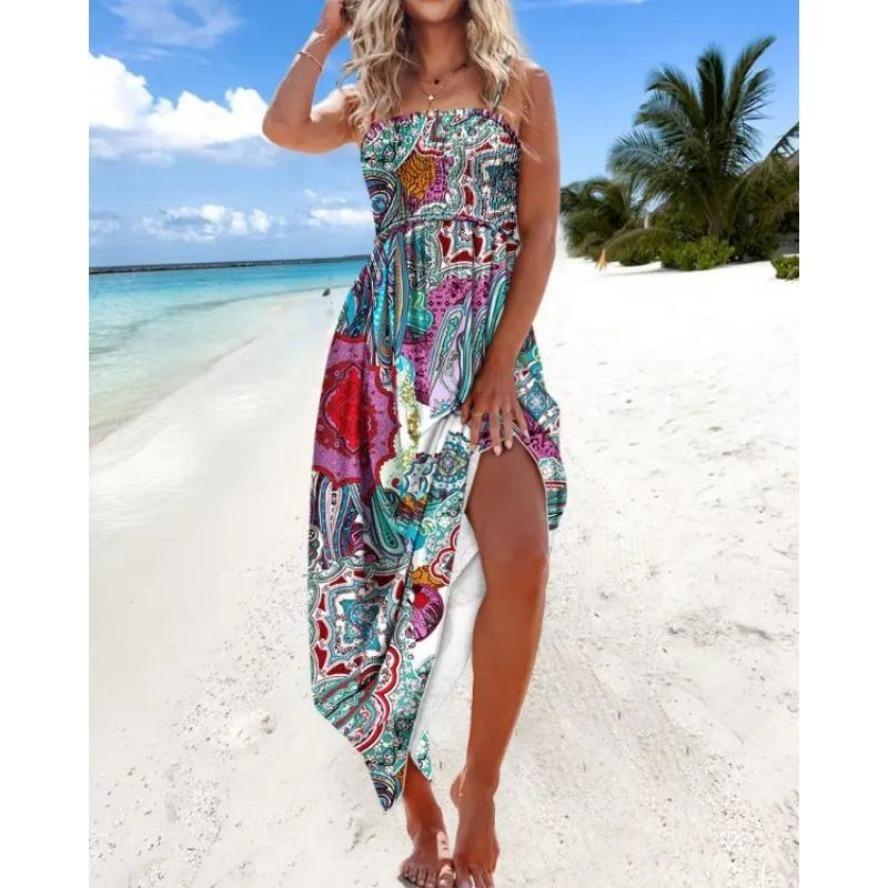 YYFS Dámská móda Léto Jaro Barevný blokový potisk Bez rukávů Ramínka Vysoký pas Ležérní šaty