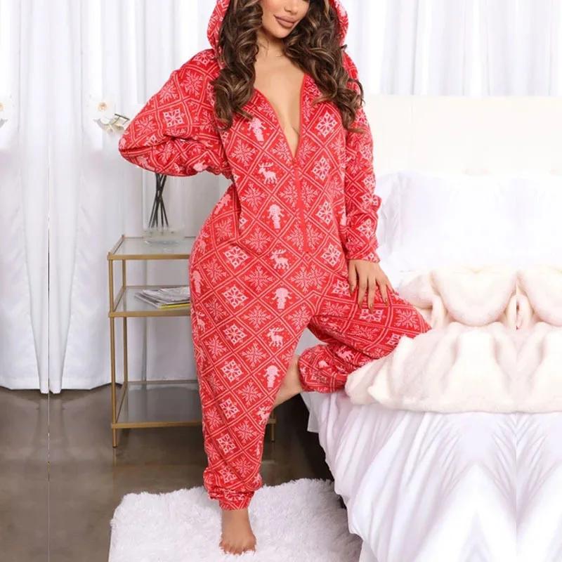 Lockere einteilige Nachtwäsche mit Kapuze für Damen, Flanell-Overall, Pyjama, Winter, verdickte, warme Homewear, lässige Loungewear, Nachtwäsche