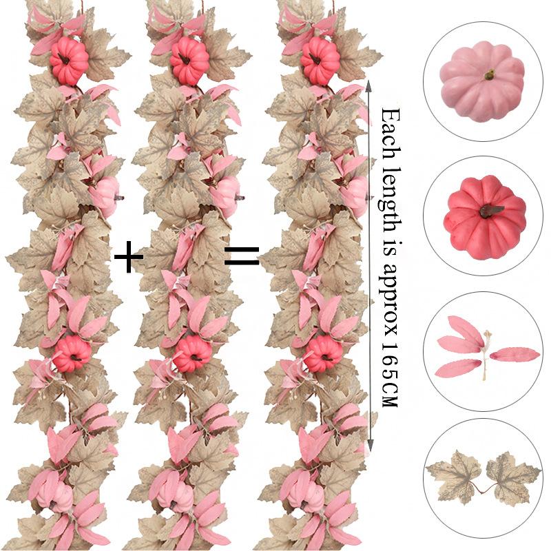 Fall Maple Leaves Garland Hanging Artificial Autumn Garland with Pink Pumpkins Flowers Berries For Halloween Thanksgiving Decor