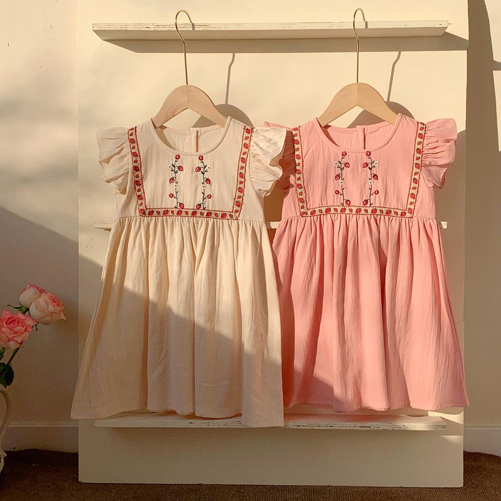Girls Summer Strawberry Embroidered Dress Sweet Round Neck Flutter Sleeve Baby Dress Cute Casual Party Outfit For Kids