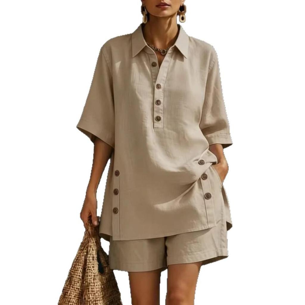 A New Two-Piece Outfit for Women Featuring a Short-Sleeved Shirt And Loose-Fitting Trousers for The Spring/Summer Season