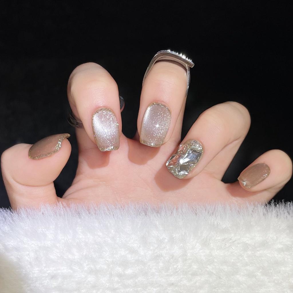 100% HANDGEFERTIGTES Falsches Nagelset mit Kleber Klare Glasperle Katzenauge Kurzer Stil mit Diamanten Phototherapie-Nägel Wiederverwendbare und Abnehmbare Nägel