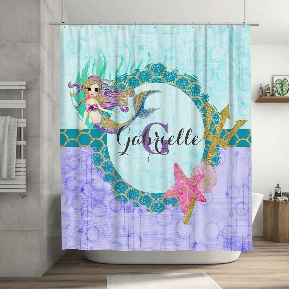 Custom Mermaid Shower Curtain Beautiful Pink Purple Gold Blue Printed for Kids Bathroom Decor Gabrielle Name Personalized Gift I