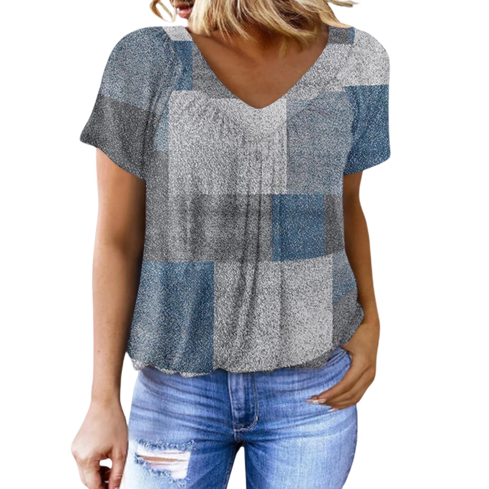 Women s Casual Color V-Neck Ruffled Geometric Print Short-Sleeve Top XL