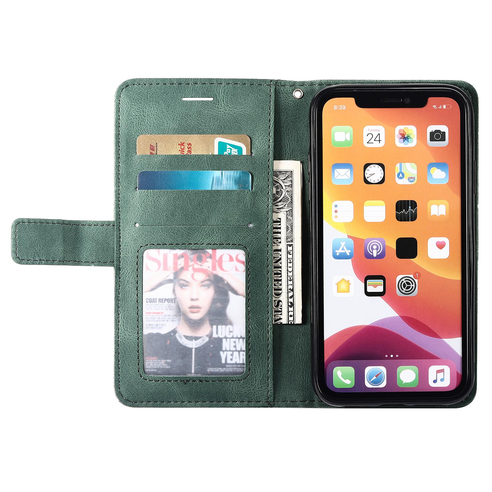 

For iPhone 11 Leather Case with Strap Skin-touch Splicing Wallet Phone Cover Green