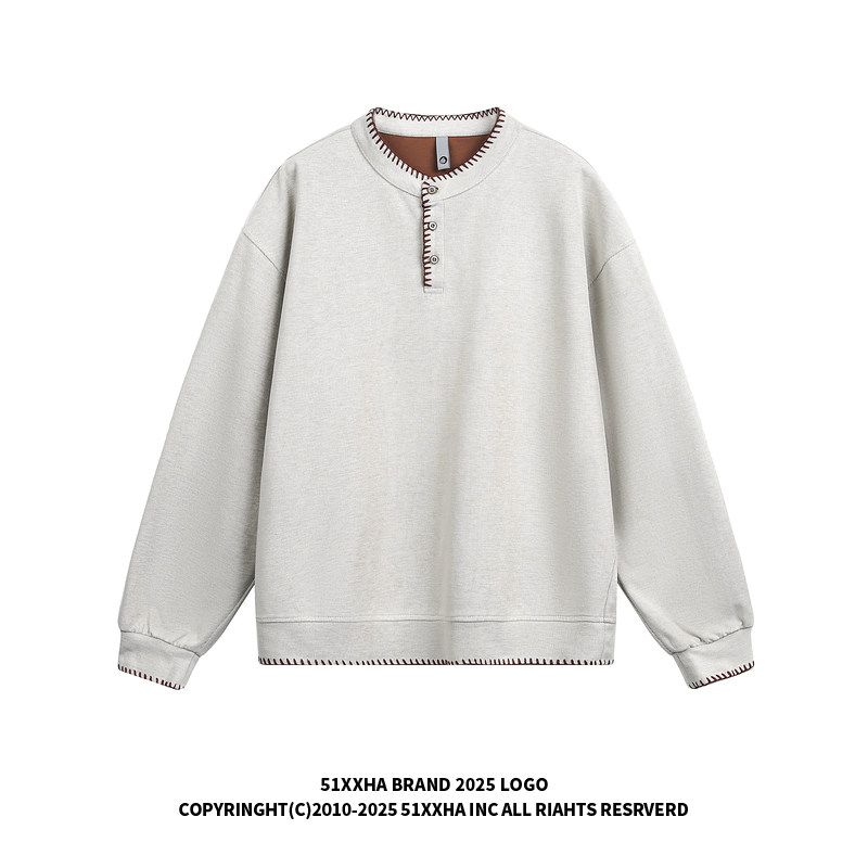 51 Hip-Hop Original Hand-Stitched Henry Collar Knit Sweatshirt for Men and Women, Trendy Brand, Loose Casual Old Money Style Long-Sleeve Top