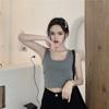 Women Summer Casual Sleeveless Solid Color U Collar Bare Midriff Crop Top