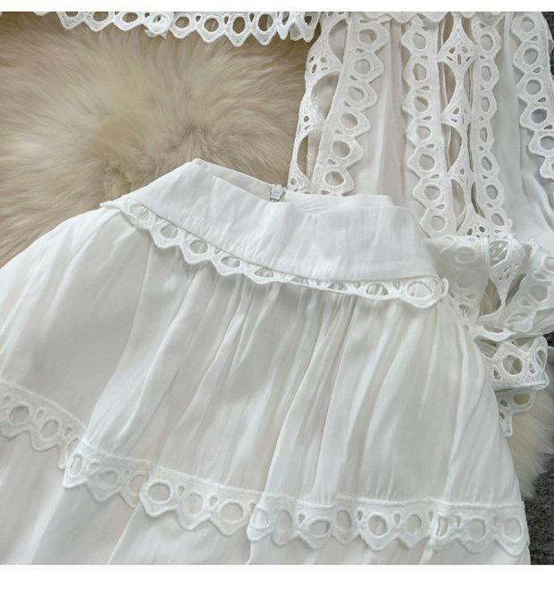 Damenmode Retro Hofstil Laternenkragen Hohlspitze Hohe Taille Rock Anzug