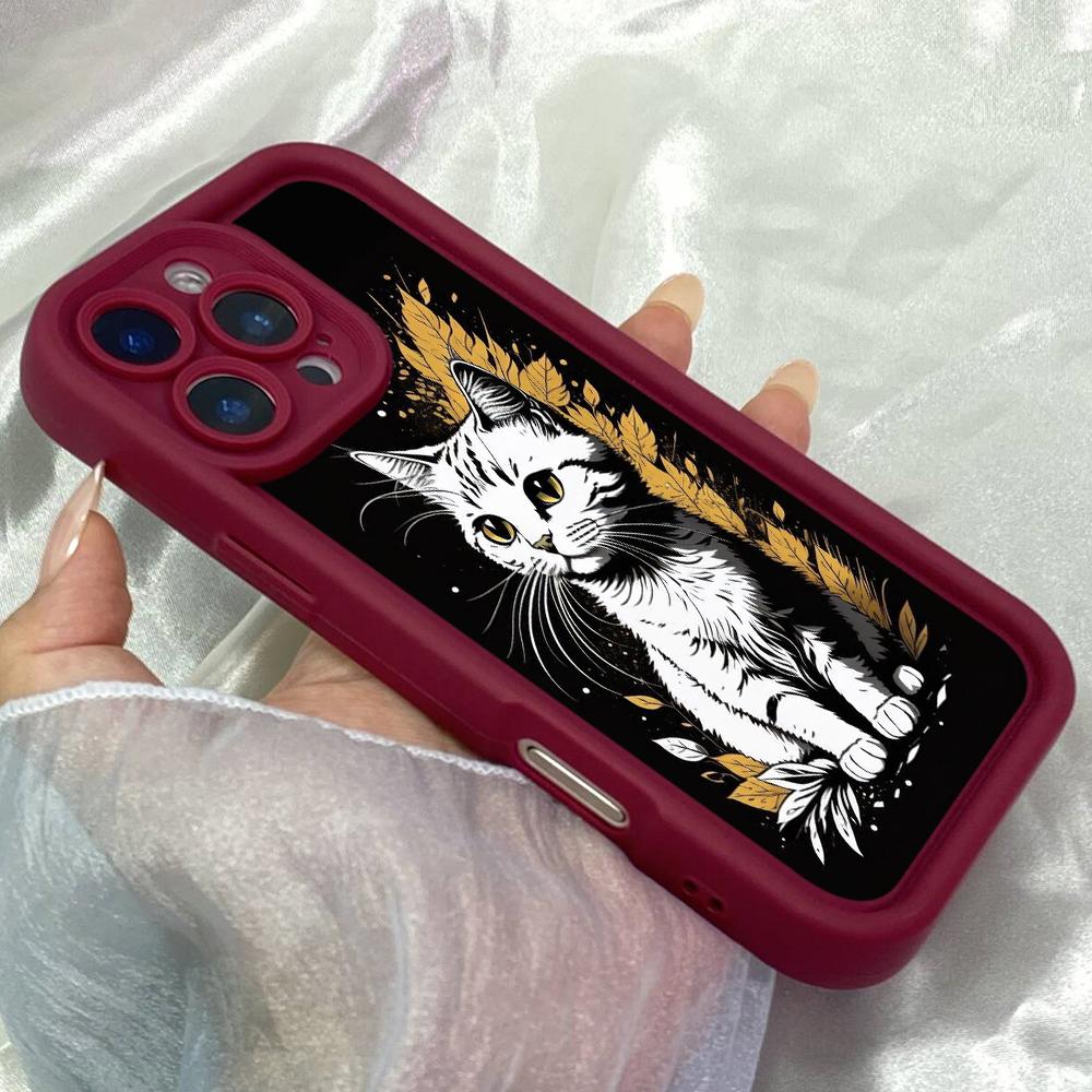 JT222 Cute white kitty art for iPhone 17 16 15 Pro Max Samsung S26 S25 Ultra A17 A16 A07 A56 A15 A06 Xiaomi 15T Redmi 15c 14C Soft TPU Case