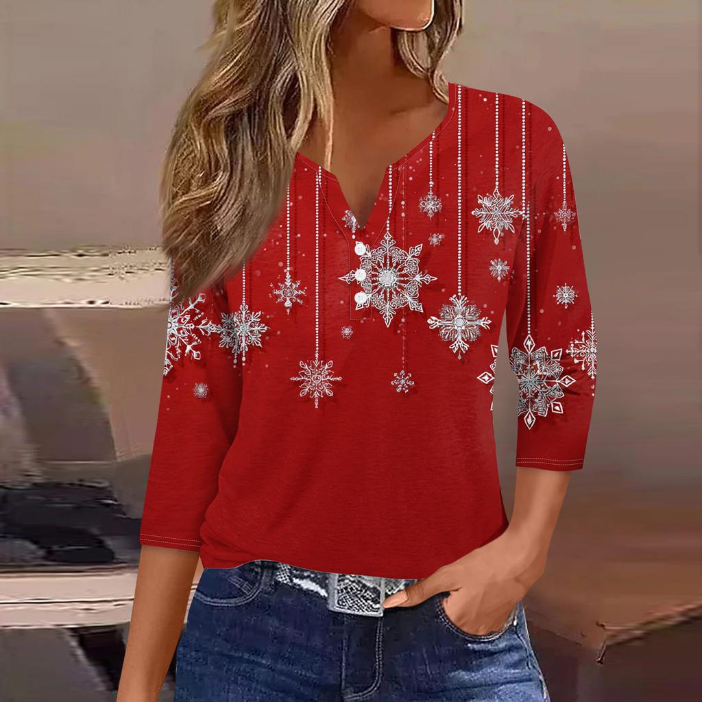 Damenmode Lässig Halloween Bedruckt V-Ausschnitt Kurzarm Zierknopf Dreiviertelarm T-Shirt Top
