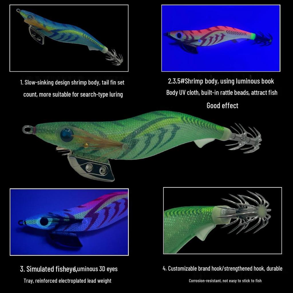 3.5# Leuchtender Regenbogen-Garnelen-Köder, langsam sinkend, mit Rasselkugel & UV-Köder für die Meeresfischerei