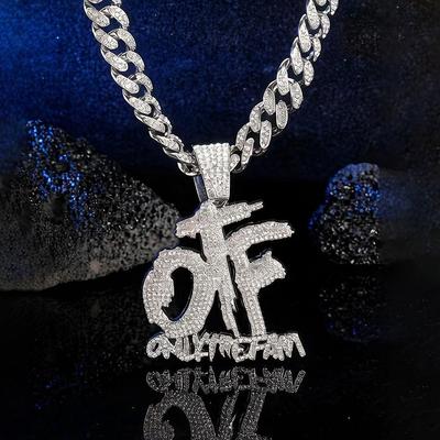 Einkettige Strass Cuban Link Anhänger Halskette, Personalisierter Initialen 'OTF' Schmuck für Männer & Frauen