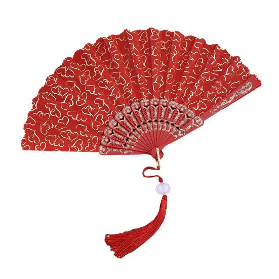 

Love Heart Print Folding Fan with Tassel Chinese Style Portable Hollow Ribs Hand Fan Women Dance Performance Props Party Favors красный
