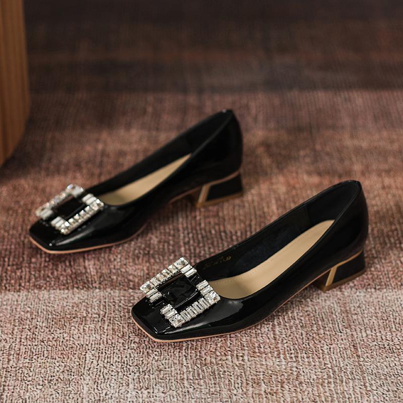 

fashion Genuine Leather Office Lady Brand Crystal Pumps Women Shoes Ladies Spring Single Shoes Slip on Thick Heels Women Wedding Shoes 36 чорний